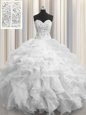 Deluxe Visible Boning Sweetheart Sleeveless Organza Ball Gown Prom Dress Beading and Ruffles Lace Up