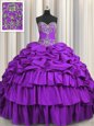 New Arrival Brush Train Purple Sleeveless Beading and Embroidery and Ruffled Layers and Pick Ups Lace Up Vestidos de Quinceanera