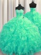 Cute Sleeveless Beading and Ruffles Lace Up 15 Quinceanera Dress with Turquoise Brush Train