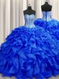 Visible Boning Royal Blue Sleeveless Beading and Ruffles Lace Up Quince Ball Gowns