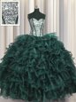 Amazing Visible Boning Peacock Green Sweetheart Lace Up Ruffles and Sequins 15 Quinceanera Dress Sleeveless