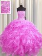 On Sale Visible Boning Sleeveless Floor Length Beading and Ruffles Lace Up Sweet 16 Quinceanera Dress with Rose Pink
