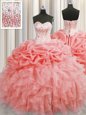 Trendy Visible Boning Watermelon Red Lace Up Sweet 16 Dresses Ruffles and Pick Ups Sleeveless Floor Length