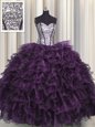 Visible Boning Sweetheart Sleeveless Quince Ball Gowns Floor Length Ruffles and Sequins Dark Purple Organza and Sequined