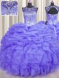 See Through Lavender Organza Lace Up Scoop Sleeveless Floor Length Sweet 16 Quinceanera Dress Beading and Ruffles and Pick Ups