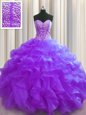 Flare Visible Boning Purple Organza Lace Up Sweetheart Sleeveless Floor Length Quince Ball Gowns Beading and Ruffles