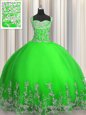 Classical Sleeveless Floor Length Beading and Appliques Lace Up Sweet 16 Dress with Green