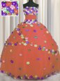 Floor Length Lace Up Ball Gown Prom Dress Rust Red and In for Military Ball and Sweet 16 and Quinceanera with Hand Made Flower