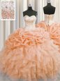 Most Popular Visible Boning Organza Sweetheart Sleeveless Lace Up Beading and Ruffles Sweet 16 Dress in Orange