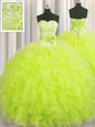 Handcrafted Flower Floor Length Yellow Green Sweet 16 Dresses Sweetheart Sleeveless Lace Up