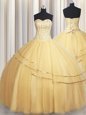 Visible Boning Big Puffy Champagne Ball Gowns Beading and Ruching Quinceanera Gown Lace Up Organza Sleeveless Floor Length