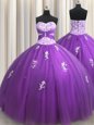 Luxury Purple Tulle Lace Up Sweetheart Sleeveless Floor Length Ball Gown Prom Dress Beading and Appliques