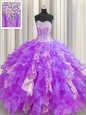 Visible Boning Lavender Sleeveless Beading and Ruffles and Sequins Floor Length Quinceanera Gown
