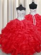 Cheap Really Puffy Red Sleeveless Beading Floor Length Sweet 16 Dress