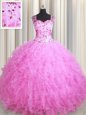 Flirting See Through Zipper Up Tulle Square Sleeveless Zipper Beading and Ruffles Quinceanera Dress in Rose Pink