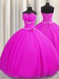 Handcrafted Flower Fuchsia Sweet 16 Dress Military Ball and Sweet 16 and Quinceanera and For with Beading and Sequins and Hand Made Flower Strapless Sleeveless Lace Up