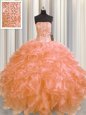 Discount Visible Boning Orange Ball Gown Prom Dress Military Ball and Sweet 16 and Quinceanera and For with Beading and Ruffles Strapless Sleeveless Lace Up