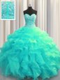 Smart Visible Boning Green Ball Gown Prom Dress Military Ball and Sweet 16 and Quinceanera and For with Beading and Ruffles Sweetheart Sleeveless Lace Up