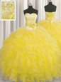 Beauteous Handcrafted Flower Gold Lace Up Sweet 16 Quinceanera Dress Beading and Ruffles and Hand Made Flower Sleeveless Floor Length