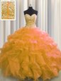Visible Boning Sleeveless Organza Floor Length Lace Up 15 Quinceanera Dress in Orange for with Beading and Ruffles