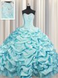 Brush Train Aqua Blue Ball Gown Prom Dress Taffeta Sweep Train Sleeveless Beading and Pick Ups