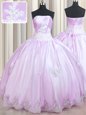 Comfortable Lilac Lace Up Strapless Beading and Appliques Quinceanera Dress Taffeta Sleeveless