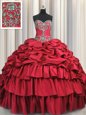 Wine Red Taffeta Lace Up Sweet 16 Dress Sleeveless Brush Train Beading and Embroidery and Ruffled Layers and Pick Ups