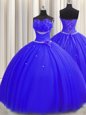 Handcrafted Flower Royal Blue Sleeveless Tulle Lace Up 15th Birthday Dress for Military Ball and Sweet 16 and Quinceanera