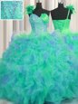 Custom Fit Handcrafted Flower One Shoulder Sleeveless Tulle Quinceanera Gowns Beading and Ruffles and Hand Made Flower Lace Up