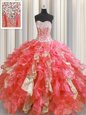 Glittering Sequins Visible Boning Sweetheart Sleeveless Lace Up Quince Ball Gowns Watermelon Red Organza and Sequined