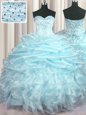 Pretty Pick Ups Light Blue Sleeveless Organza Brush Train Lace Up Sweet 16 Quinceanera Dress for Military Ball and Sweet 16 and Quinceanera