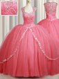 High Quality Watermelon Red Tulle Zipper Straps Cap Sleeves Sweet 16 Quinceanera Dress Sweep Train Beading and Appliques