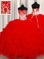 Classical Sequins Sweetheart Sleeveless Lace Up Quinceanera Dresses Red Organza
