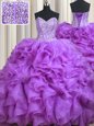 Beading and Ruffles Quinceanera Dress Lilac Lace Up Sleeveless Sweep Train
