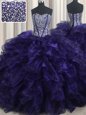 Comfortable With Train Lace Up Sweet 16 Dress Purple and In for Military Ball and Sweet 16 and Quinceanera with Beading and Ruffles Brush Train