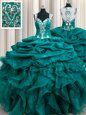Teal Ball Gowns Organza Straps Sleeveless Beading and Ruffles and Pick Ups Floor Length Zipper Quince Ball Gowns