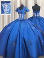 Attractive Blue Ball Gowns Beading and Appliques Vestidos de Quinceanera Lace Up Taffeta Short Sleeves Floor Length