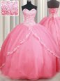 With Train Lace Up Quinceanera Dresses Watermelon Red and In for Military Ball and Sweet 16 and Quinceanera with Beading and Appliques Brush Train