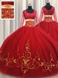 Floor Length Red Quinceanera Gowns Square Long Sleeves Zipper