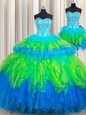 Extravagant Three Piece Sweetheart Sleeveless Tulle Quinceanera Gowns Beading and Ruffled Layers Lace Up