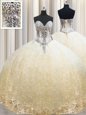 Gorgeous Organza Sweetheart Sleeveless Lace Up Beading and Appliques Quinceanera Gowns in Champagne