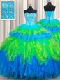 Multi-color Tulle Lace Up Sweetheart Sleeveless Floor Length Sweet 16 Dress Beading and Ruffled Layers