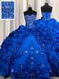 Great Sweetheart Sleeveless Quince Ball Gowns Floor Length Beading and Embroidery and Sequins and Pick Ups Royal Blue Taffeta