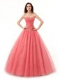 Floor Length Lace Up Quinceanera Gowns Watermelon Red and In for Military Ball and Sweet 16 and Quinceanera with Beading and Ruching
