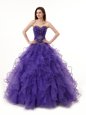 Dazzling Sleeveless Organza Floor Length Lace Up 15 Quinceanera Dress in Purple for with Beading and Ruffles