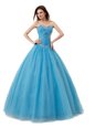 Baby Blue A-line Tulle Sweetheart Sleeveless Beading and Ruching Floor Length Lace Up Quinceanera Dresses
