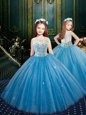 Blue Tulle Clasp Handle Scoop Sleeveless Floor Length Little Girls Pageant Dress Wholesale Appliques