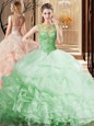 Apple Green Organza Lace Up Scoop Sleeveless Sweet 16 Dress Brush Train Beading and Ruffles and Pick Ups