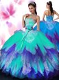 Elegant Tulle Sleeveless Floor Length Quince Ball Gowns and Appliques and Ruffled Layers and Hand Made Flower