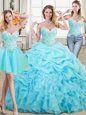 Free and Easy Three Piece Organza Sweetheart Sleeveless Lace Up Beading and Ruffles and Pick Ups Sweet 16 Quinceanera Dress in Aqua Blue
